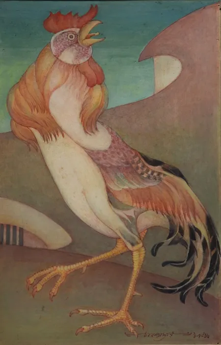 Village Cock by Amalnath Chakladar - Tempera