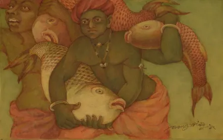 Two Fishermen by Amalnath Chakladar - Tempera