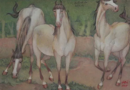 Grazing Horses by Amalnath Chakladar - Tempera