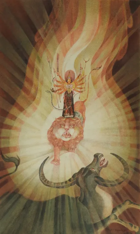 Durga & Mahisasura by Amalnath Chakladar - Watercolour