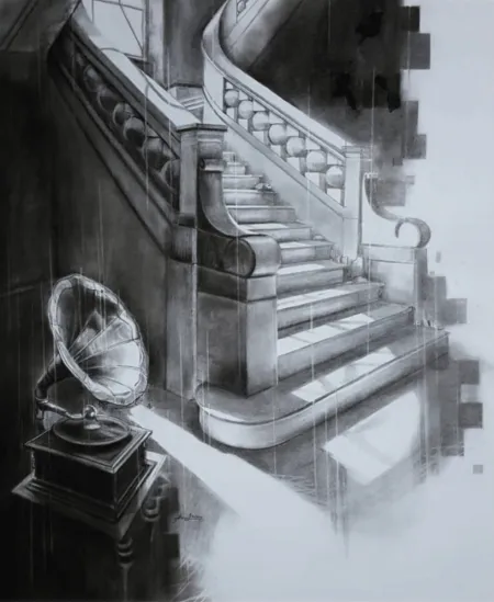 Solitary Staircase by Amlan Dutta - Charcoal on Paper