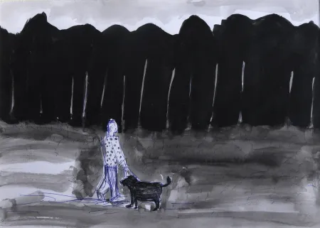 Man walking his dog by Subhanil Roy - Pen Charcoal Pencil Ink on Paper