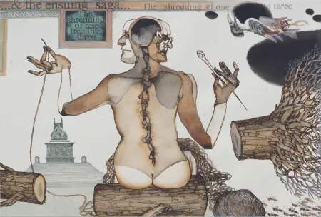 The Shedding of one tree into three and the ensuing saga by Chhatrapati Dutta - Watercolour & Charcoal on Fabriano paper