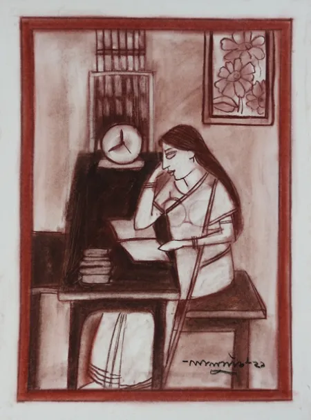 Untitled by Lalu Prasad Shaw - Conte on board