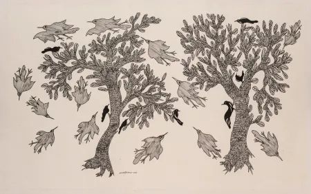 Drawing of Two Trees with Birds Flying and Perched on The Branches by JANGARH SINGH SHYAM - Ink on Paper
