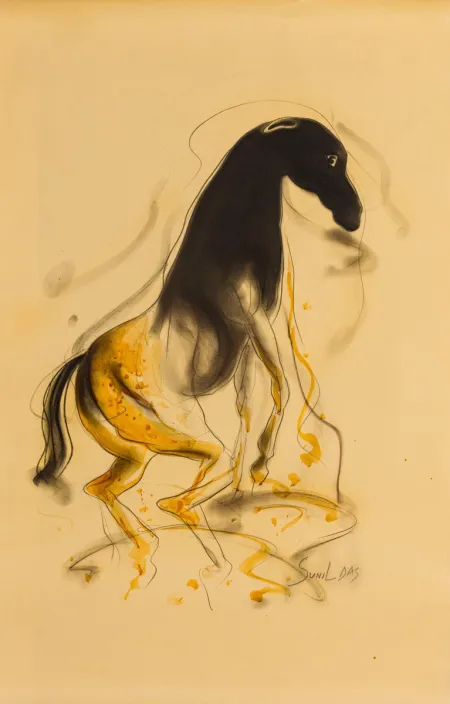 Galloping Horse by Sunil Das - Ink, Wash and Charcoal on Buff Paper
