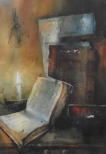Books Under Candle by Pradip Maitra - Watercolour on Paper
