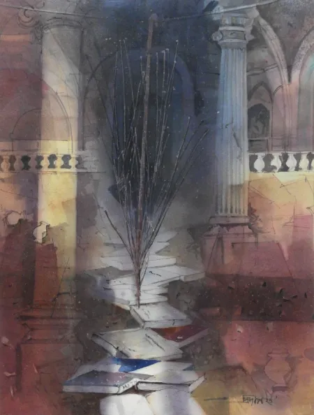 Way Through The Books by Pradip Maitra - Watercolour on Paper