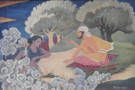 Sadhu with Lady by Nirmal Bhadra - Wash on Paper
