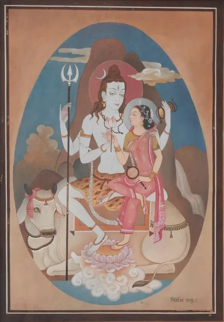 Lord Shiva & Parvati with Nandi by Nirmal Bhadra - Wash on Paper