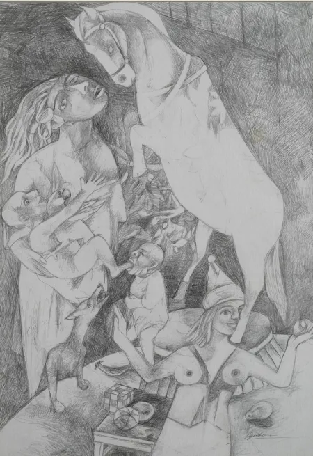 Embrace by Gurcharan Singh - Pencil on Paper