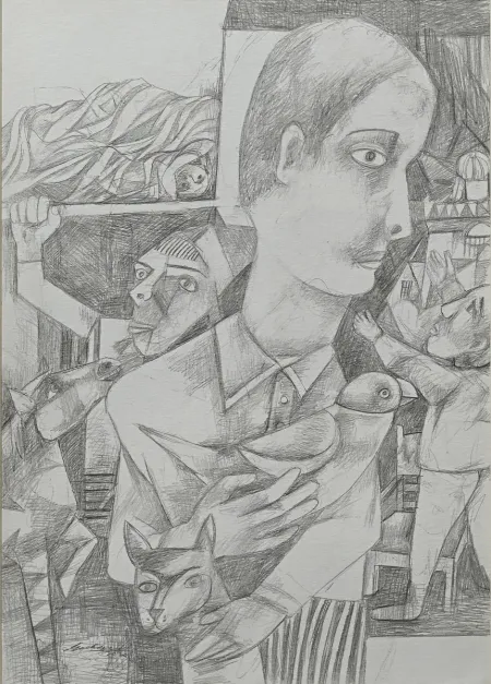 Extended Family by Gurcharan Singh - Pencil on Paper