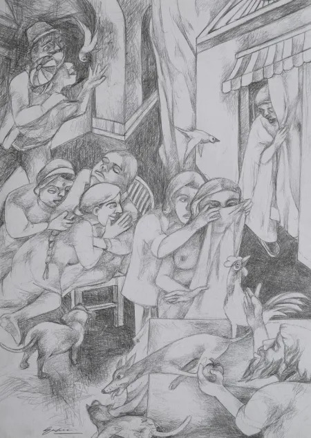 Family Routine by Gurcharan Singh - Pencil on Paper