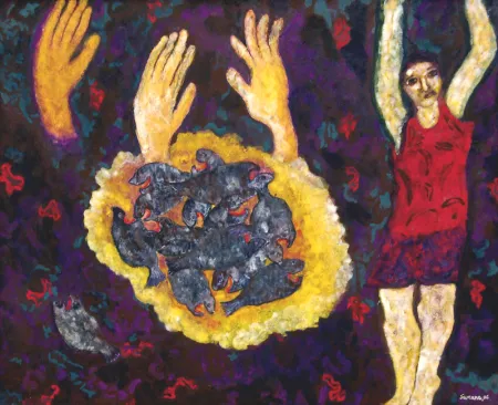 His Loneliness 5 (Violence) by Sumana Ghosh - Tempera on Canvas pasted on nepali paper