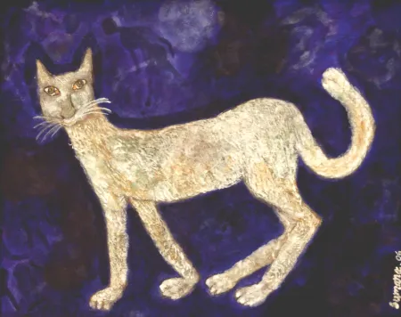 The cat against blue by Sumana Ghosh - Tempera on Canvas pasted on nepali paper