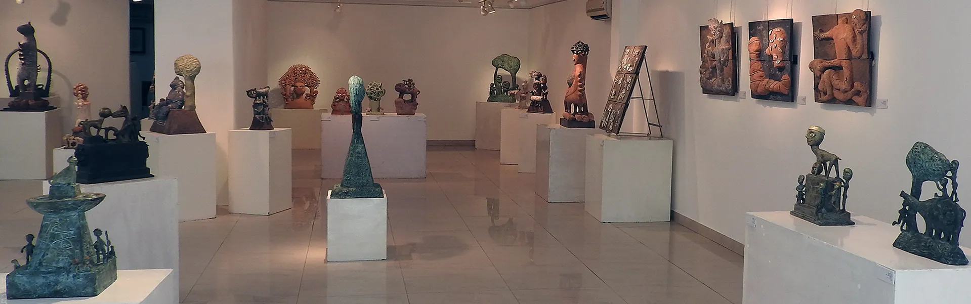 Contemporary sculpture exhibition at Aakriti Art Gallery featuring modern Indian sculptures