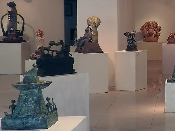 Contemporary sculpture exhibition at Aakriti Art Gallery featuring modern Indian sculptures