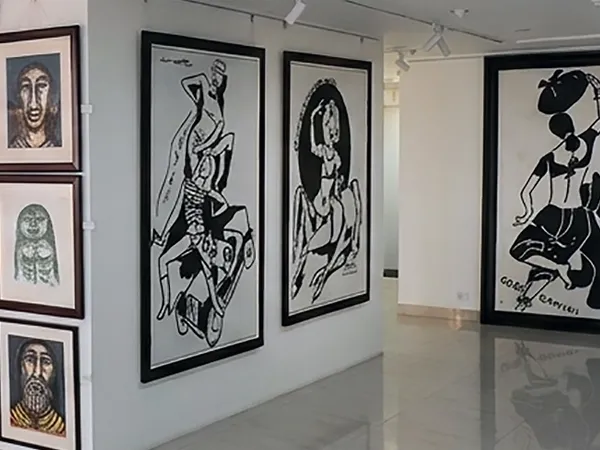 Collection of contemporary Indian paintings and drawings displayed at Aakriti Art Gallery