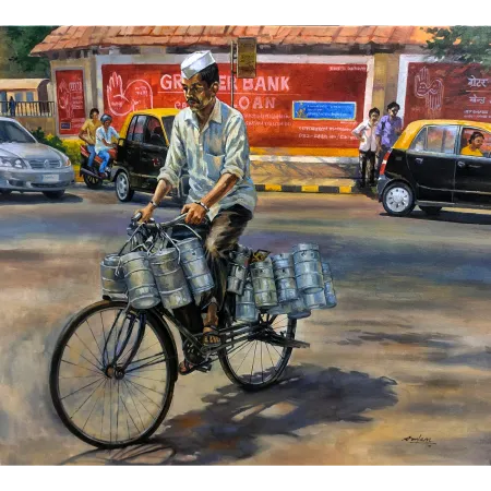 Local Dabbawalas by Amlan Dutta - Acrylic on Canvas