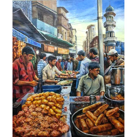 Street Food Stall of Mohammed Ali Road by Amlan Dutta - Acrylic on Canvas