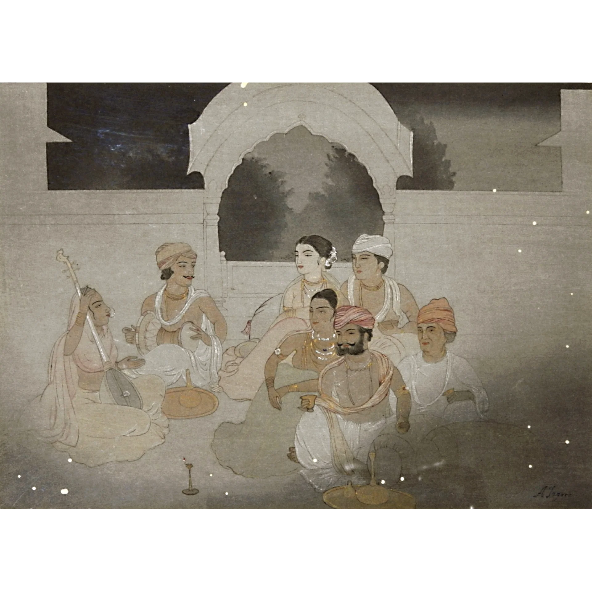 A Moonlight Music Party by Abanindranath Tagore - Woodblock Print on Handmade Paper
