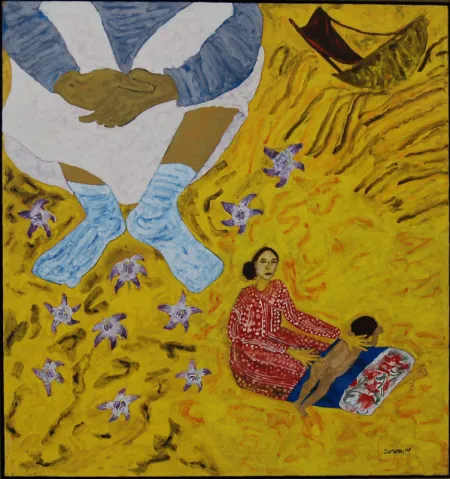 The Tilted Boat by Sumana Ghosh - Tempera on Nepali Paper Pasted on Canvas