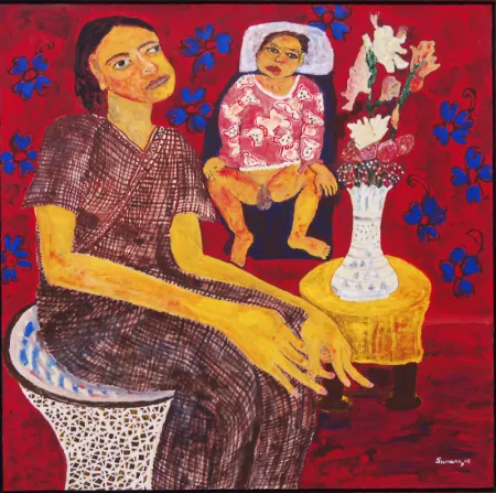 The Child Before The Flowers by Sumana Ghosh - Tempera on Nepali Paper Pasted on Canvas