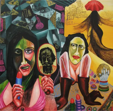 With his three girls by Mithun Dasgupta - Acrylic on Canvas
