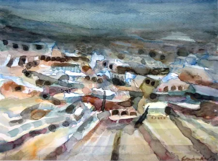 Landscape with Architecture by Samindranath Majumdar - Acrylic & Ink on Paper