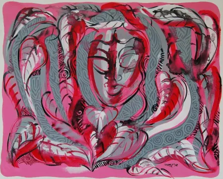 The Lady With The Landscape by Santanu Bhattacharya - Acrylic on Canvas