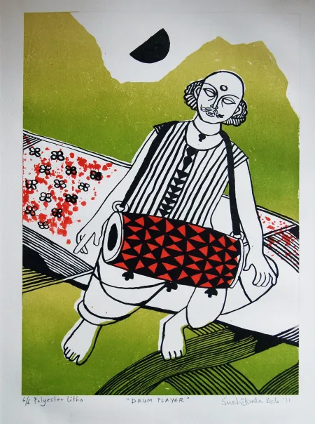Drum Player by Suchibrata Deb - Polyester Litho on Paper