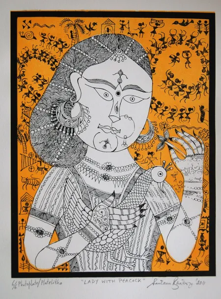 Lady with peacock by Santanu Bhattacharya - Plate Lithography